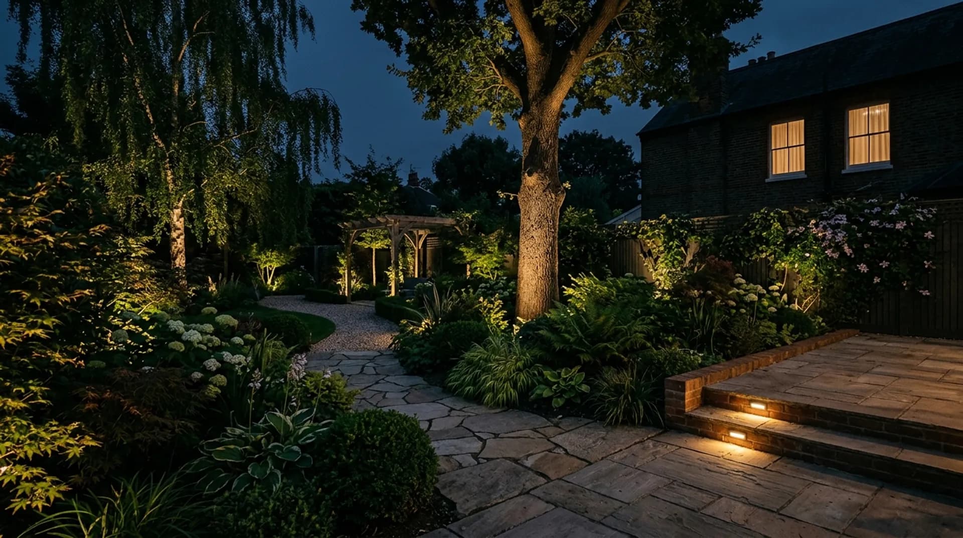 A South East London garden at dusk with warm professional garden lighting on trees, borders and stone steps