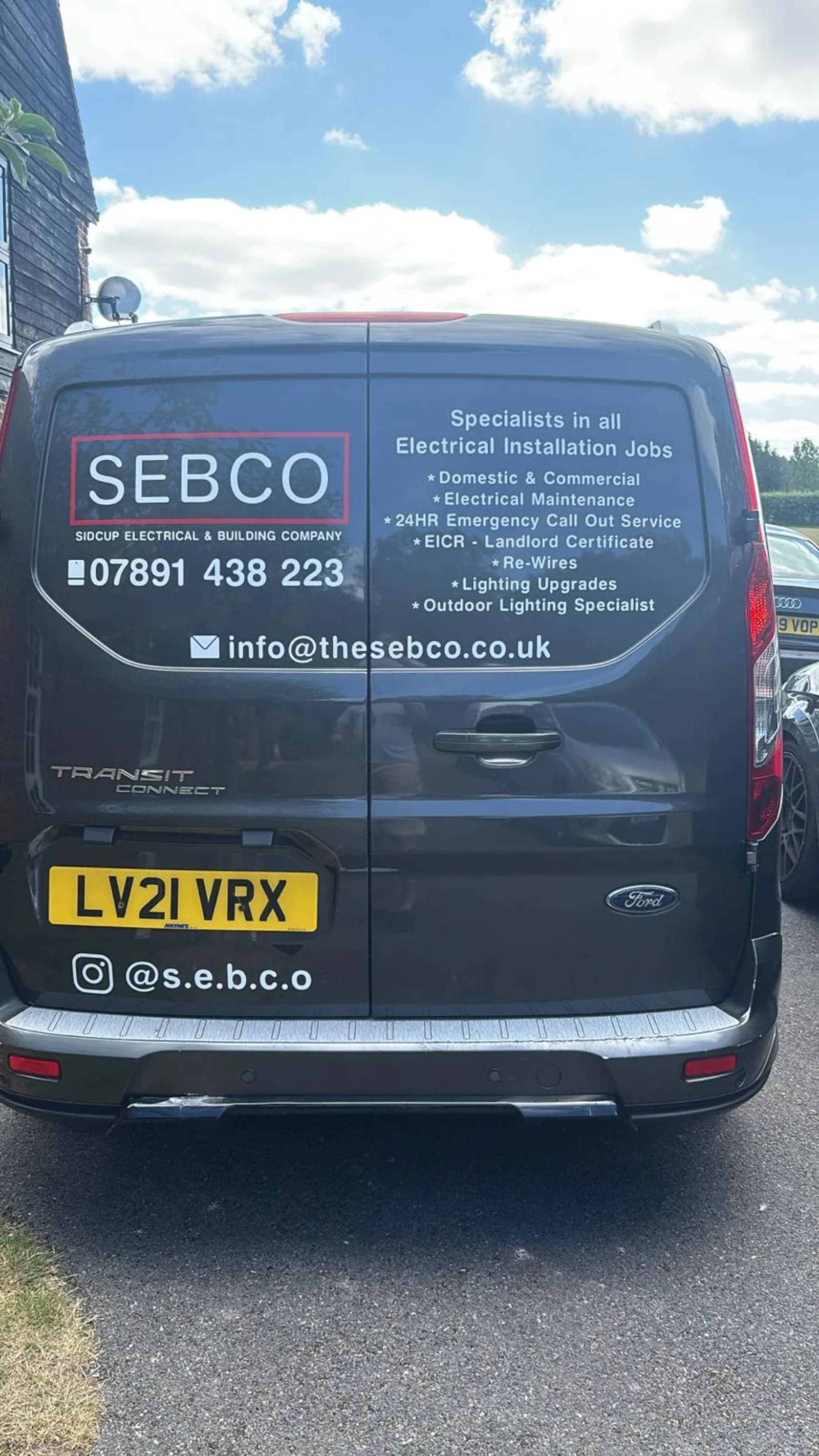Rear of the Sidcup Electrical van listing electrical services and the Sidcup Electrical Instagram handle
