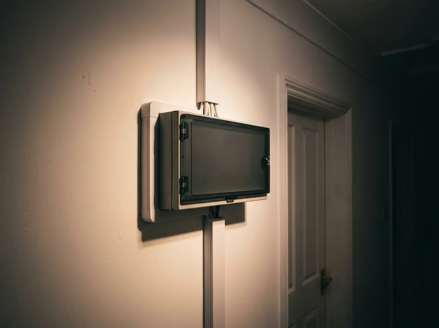 A newly installed modern consumer unit on a hallway wall