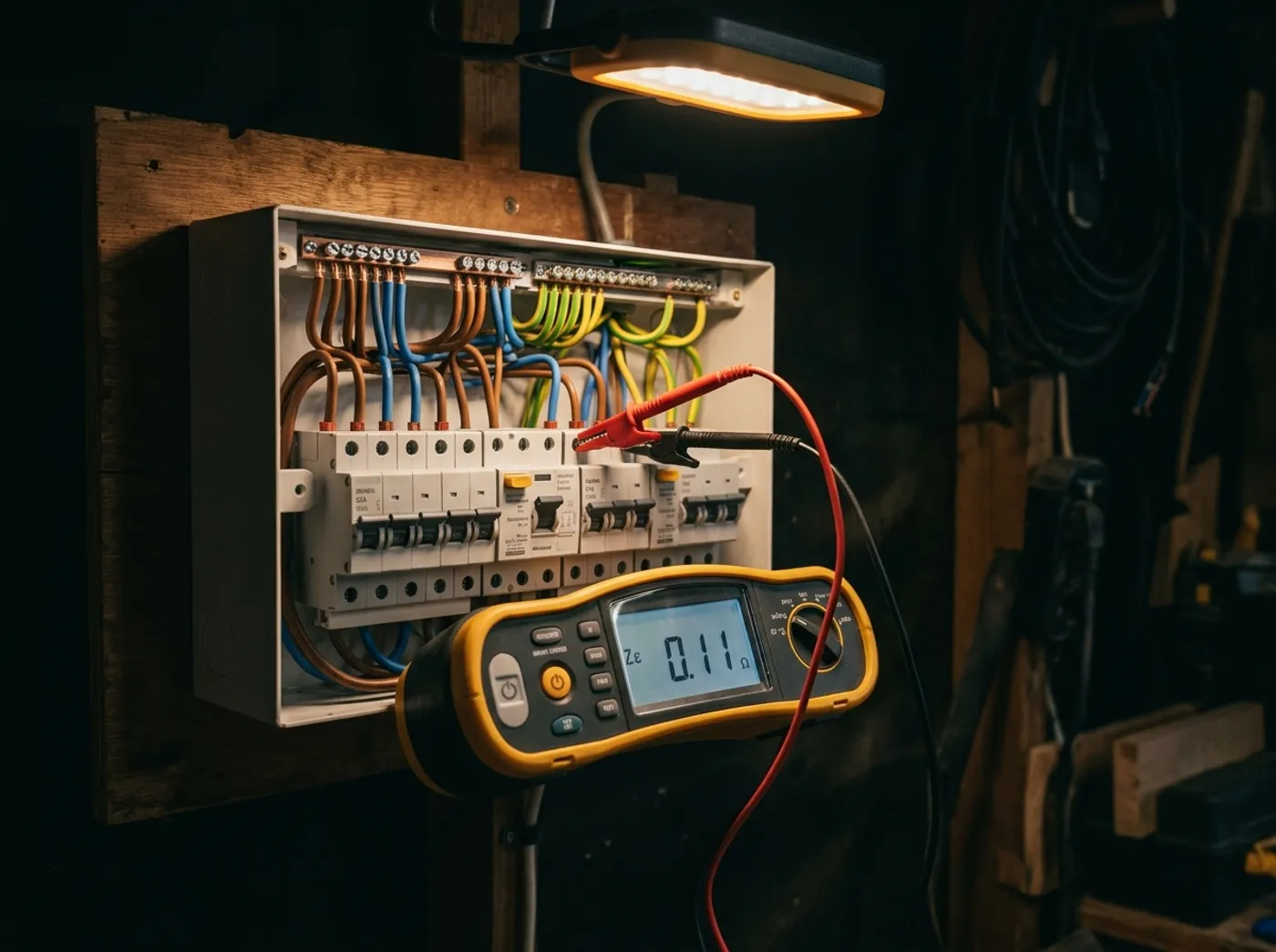 Multifunction tester connected to a consumer unit during an electrical inspection