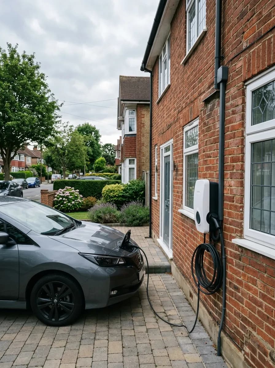 Wall mounted home electric vehicle charge point on the brick side wall of a house, with the cable coiled and a car charging on the driveway