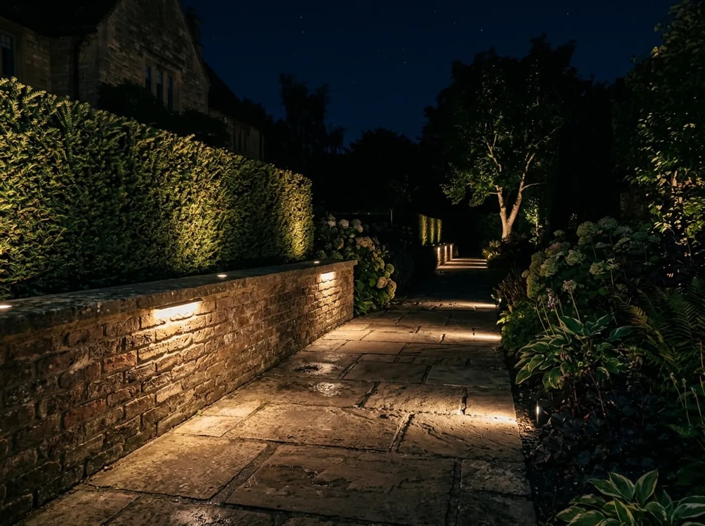 Garden path at night with recessed paving lights and a warmly lit brick wall